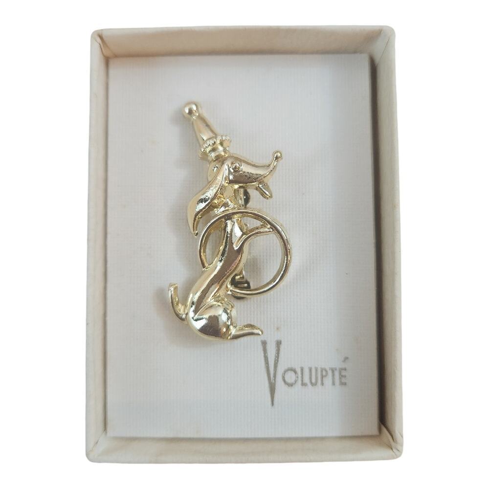 Volupte Circus Dog 1960's vintage gold tone pin 2in.‎ brooch with box